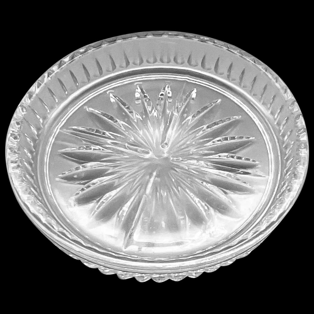 Set of (5) Glass coasters: Five glass coasters are in a starburst embossed pattern in the center. The circumference also has an elegant embossed pattern. The tiny bubbles indicated that they were handmade and are in excellent