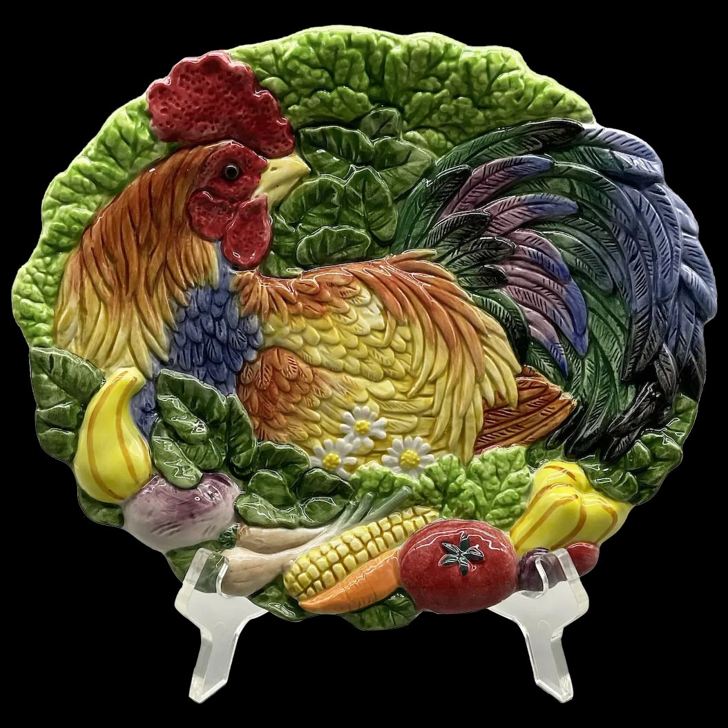 Canape’ Plate/Wall Plate: Fitz and Floyd Canape Plate Coq Du Village Pattern depicting a colorful rooster surrounded by tons of fresh garden vegetables. From its renowned studios in Dallas, all Fitz and Floyd products are