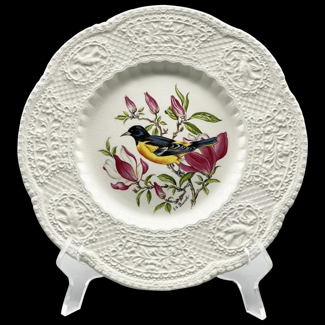 Baltimore Oriole Collecter’s Plate: Royal Cauldron Bristol Ironstone Baltimore Oriole Collectors Plate Aviary collection Designed by Henry A. Pausch. Made in England by the oldest pottery establishment since 1652. It features a beautifu