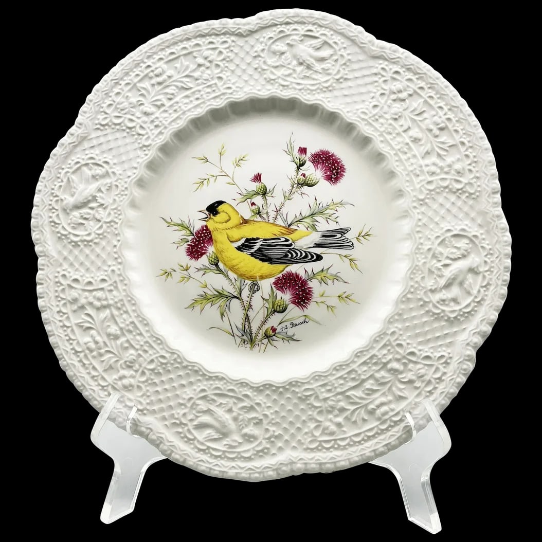 Goldfinch Collector’s Plate: Royal Cauldron Bristol Ironstone Goldfinch Collector’s Plate Aviary collection Designed by Henry A.Pausch Made in England by the oldest pottery establishment since 1652. featuring a bright yello