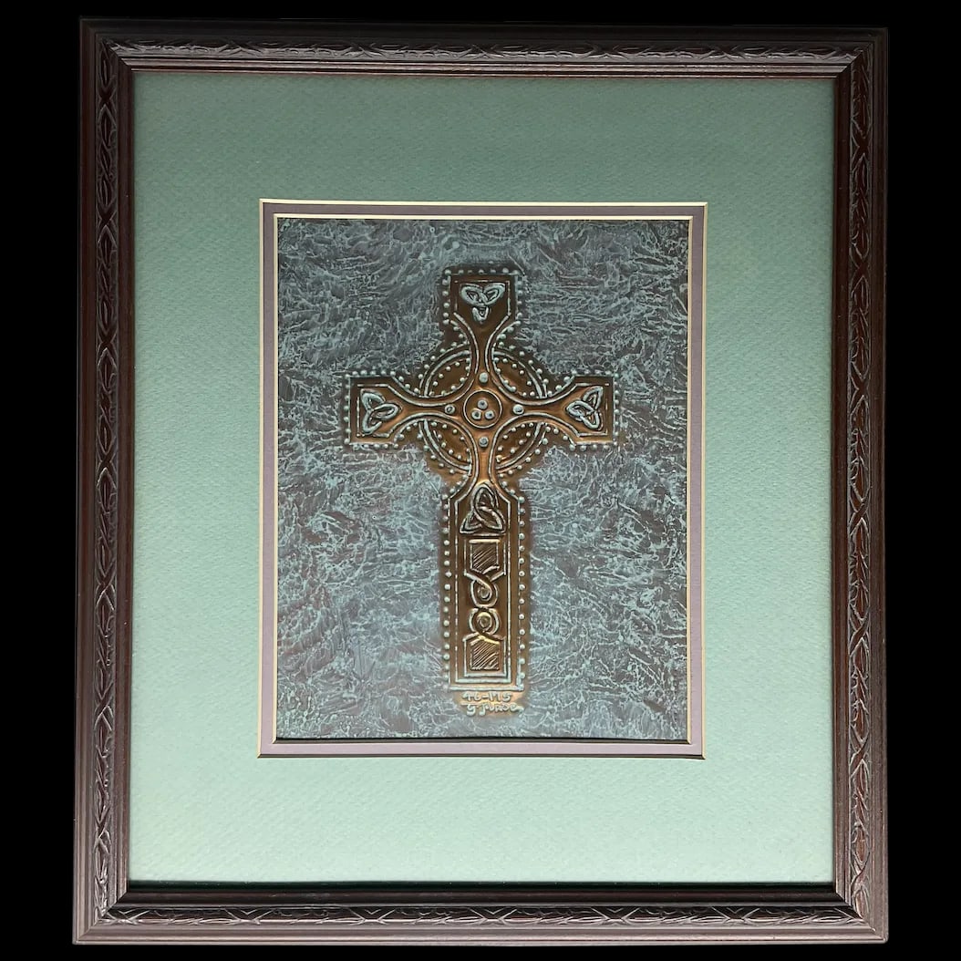 Celtic Cross Framed Art: An original artwork,Copper Celtic Cross by G. Forde Double Matted in Green and Gray in an embossed wood frame signed and numbered 46/175 Made in Ireland