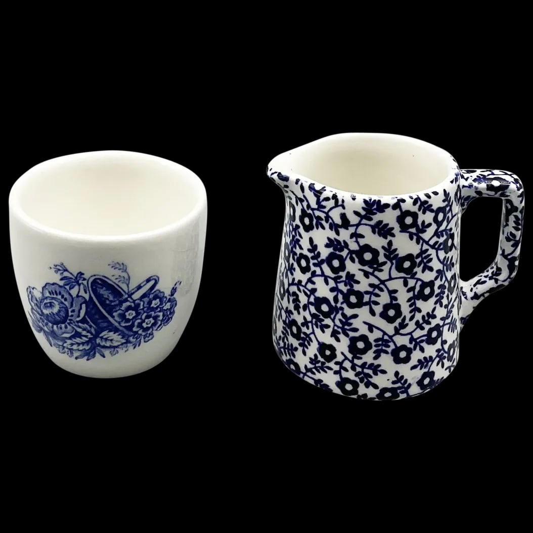 Miniature Creamer and Sugar Bowl: Miniature Felicity Burleigh jug and sugar bowl in Cobalt Blue and White Floral and vine pattern. In mint condition, signed Felicity Burleigh, Staffordshire, England. I Combined it with a miniature