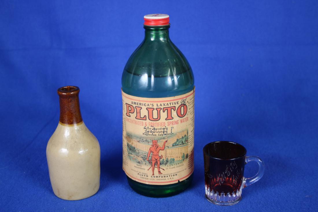 Stoneware Bottle; Pluto Water Bottle; Shot Glass: Stoneware Bottle approx. 5.25"; Pluto bottle has original label; Ruby flashed shot glass dated 1908