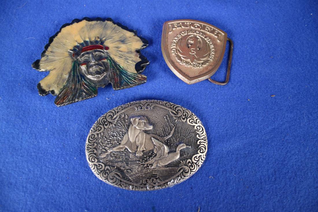 3 Belt Buckles: Ruger Fire Arms 1949-1979; Limited Edition Indian Chief; Dog & Duck