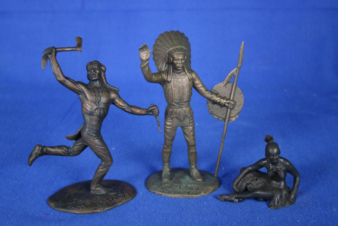 3 Metal Sculptures: One is by Ralph McCoy, Louisville, KY, Limited Edition, approx. 6"; One is "Dog Soldier" by Ralph McCoy, Louisville, KY, Limited Edition of 200, approx. 6"; One is seated Indian Maiden, Approx. 2.75" 