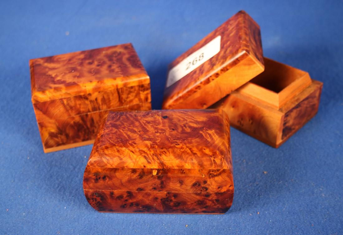 3 Contemporary Exotic Wood Boxes: All are approx. 3-4"