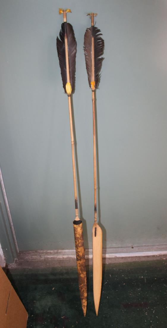 2 Reed/Bamboo Tipped Spears with Feathers: Approx. 60" long