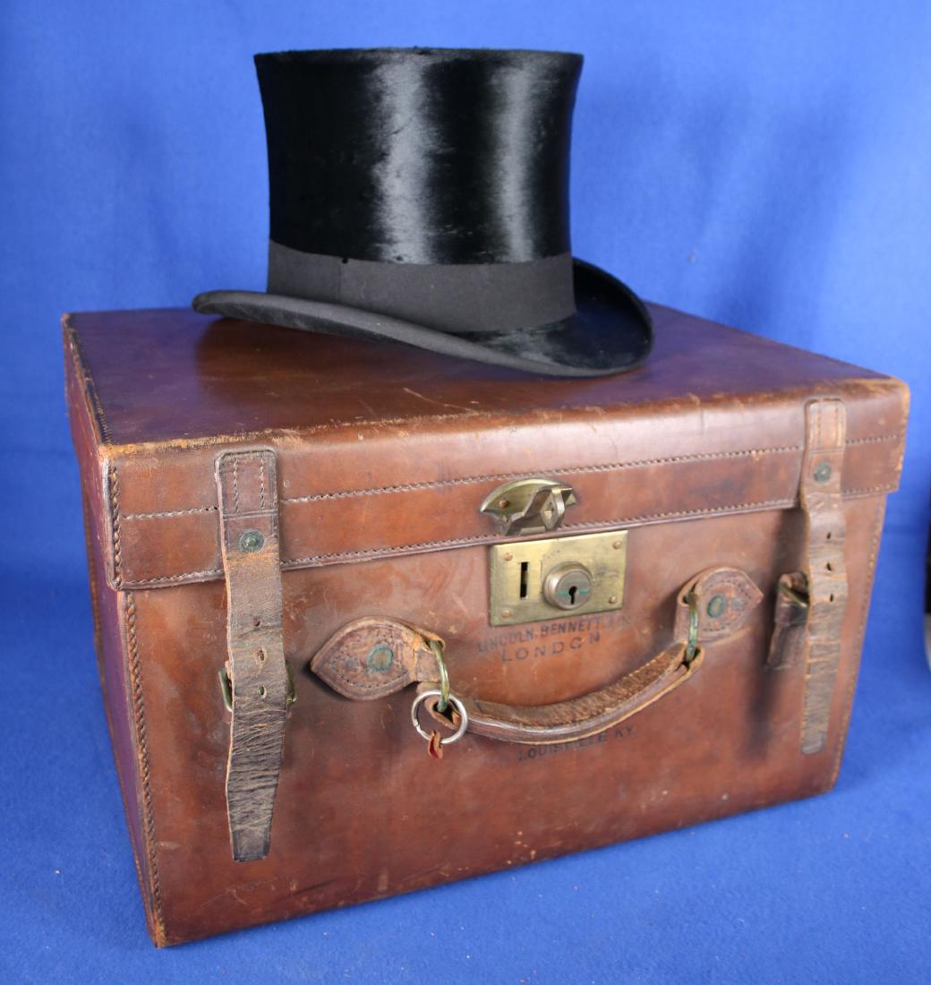 Leather Hat Box w/Beaver Skin Top Hat: Lincoln Bennett & Co., Sickville St., Picadilly, London; "By Royal Warrant of Appointment to B.M the King"