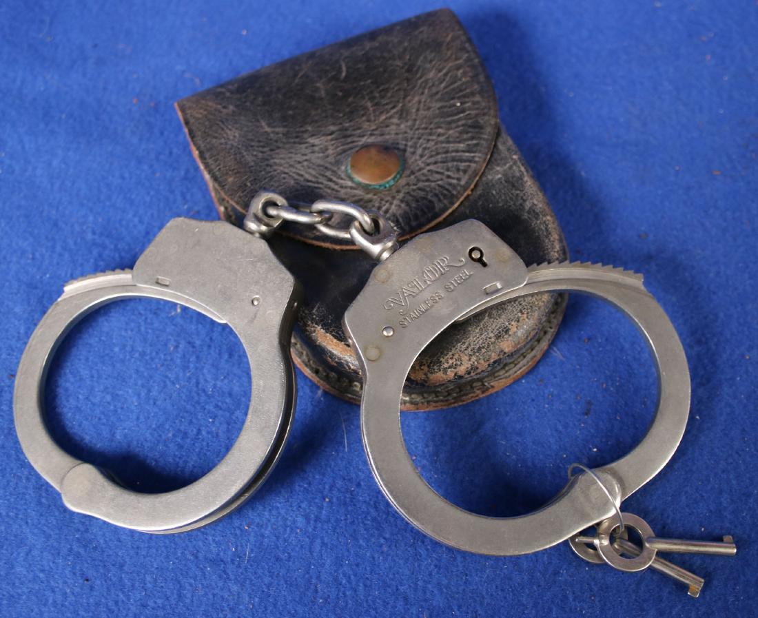 Set of Vintage Valor Stainless Steel Handcuffs: Comes with Leather Pouch and Keys