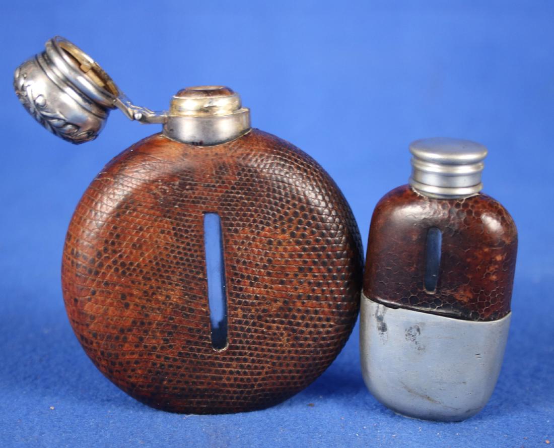2 Small Glass Lined Flasks: One is canteen shaped; Tallest is approx. 4"