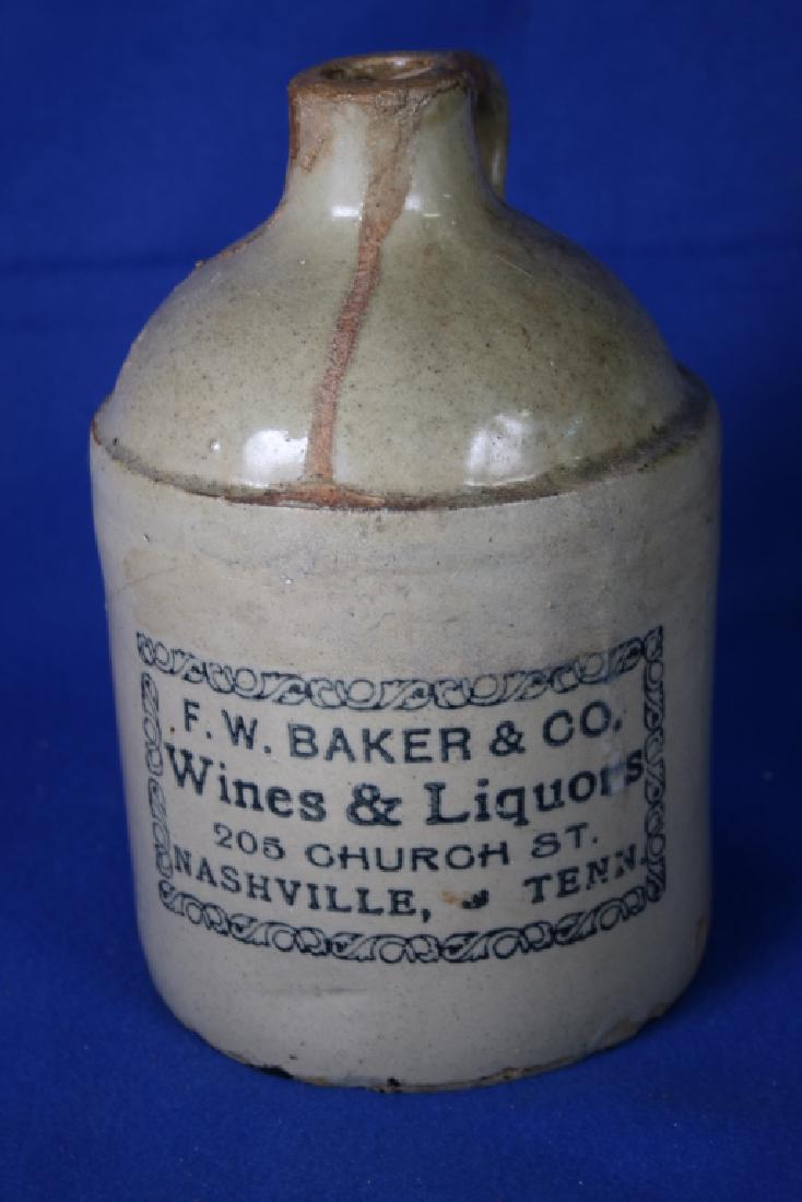 Stone Advertising Jug: F.W. Baker & Co. Wines & Liquors, Nashville, TN; approx. 9" tall