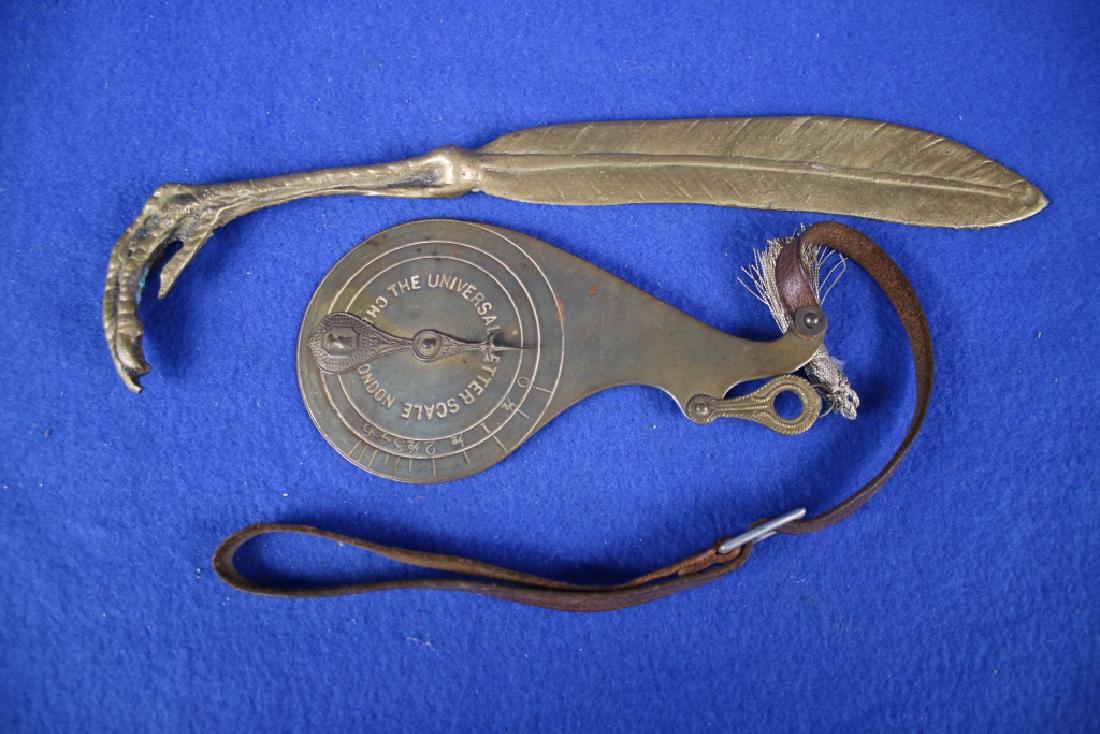 Brass Feather Letter Opener & Brass Letter Scale: Feather Letter Opener approx. 9"; Universal Letter Scale London