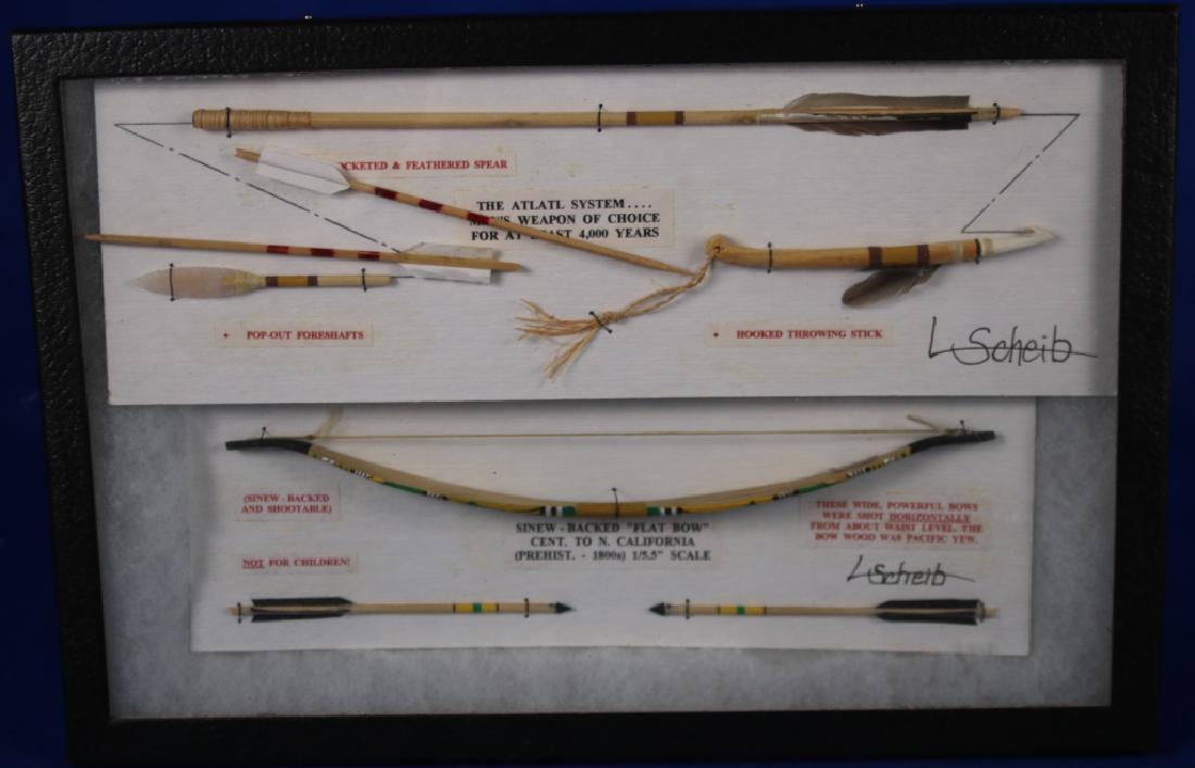 Display Case of 3 Miniature Artifact Replicas: By L. Scheib; Including Spears; Throwing Stick; and Sinew-backed Flat bow; Case approx. 5.5" x 8.25"; Indian/Native American