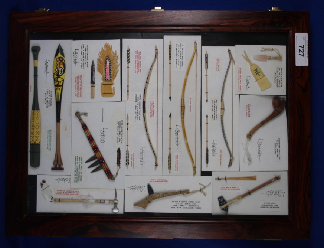Display Case of L. Scheib Indian Scale Replicas: 11 Indian/Native American; Includes Hafted Flint knife; Cherokee War Club; Michigan Barbed Axe; Rattlesnake Bow; South Praire Bow; Sioux Gunstock Bow; Sinew-backed Flat Bow; Indian Fighting Knife; Kni