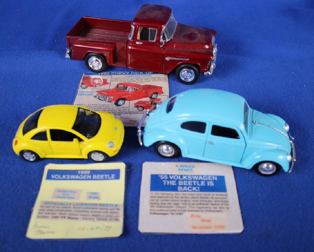 3 Diecast Replica Cars: Including 1955 Chevy Stepside; Two Volkswagen Beetles