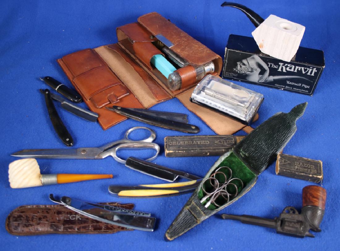 Large lot of Shaving Supplies & Scissors & Pipes: Including 3 pipes one gun shaped pipe, two Meerschaum pipes; One Gillete Vintage safety razor; Shaving Kit in leather case; Boxed set of graduated scissors; one Stay Sharp scissors; 5 straight razors