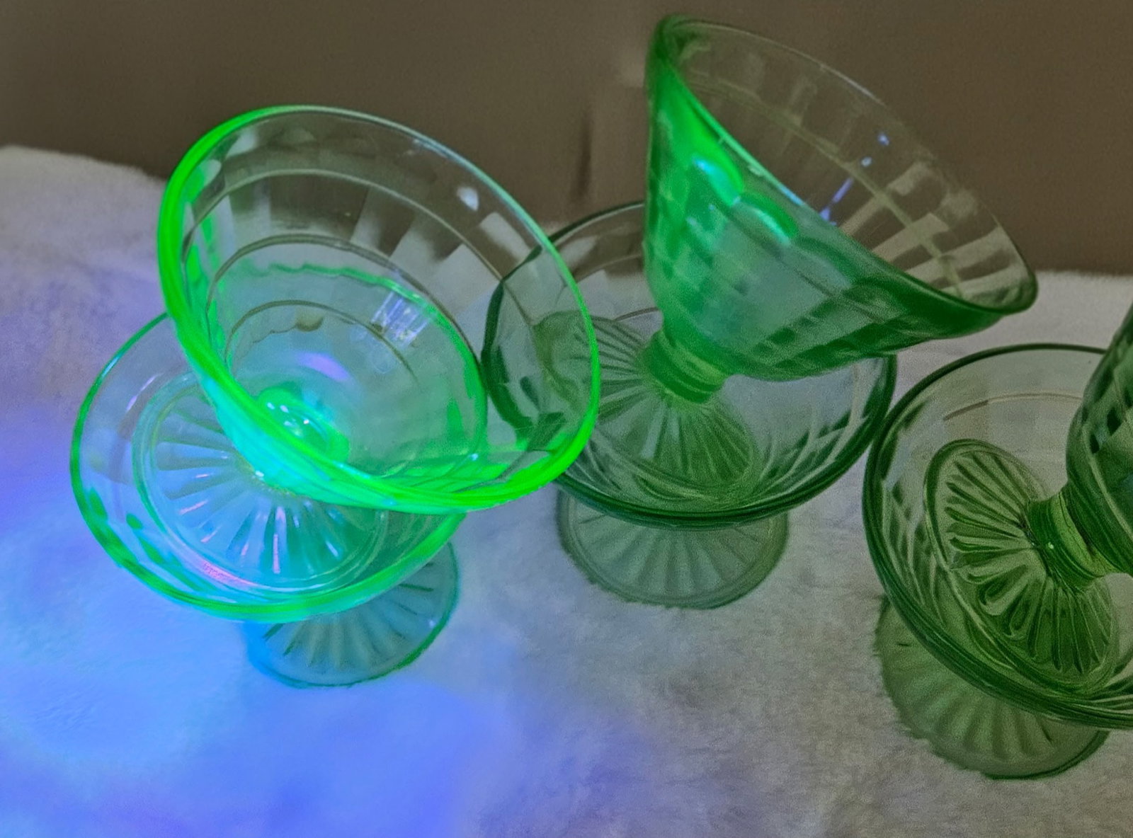 Anchor Hocking Uranium Glass - Sherbert Lot: These are 6 vintage Anchor Hocking green depression glass(uranium glass) sherbert glasses. Each piece features the Block Optic pattern and have an eye catching glow under black light. These were
