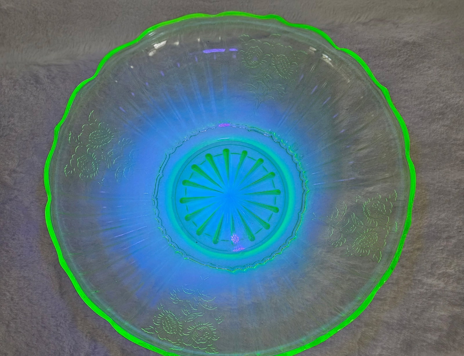 Uranium Glass Platter: This is a vintage Anchor Hocking open Rose uranium depression glass serving bowl. It features the Mayfair pattern and have an eye catching glow under black light.