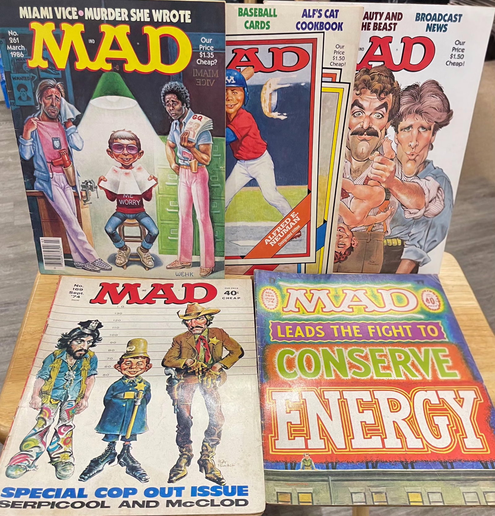 Vintage MAD Magazine Lot 2: This Lot Includes MAD Magazine No. 168 July 1974 Leads The Fight To Conserve Energy, MAD Magazine No. 169 September 1974 Special Cop Out Issue Serpicool and McClod, MAD Magazine No. 261 March 1986