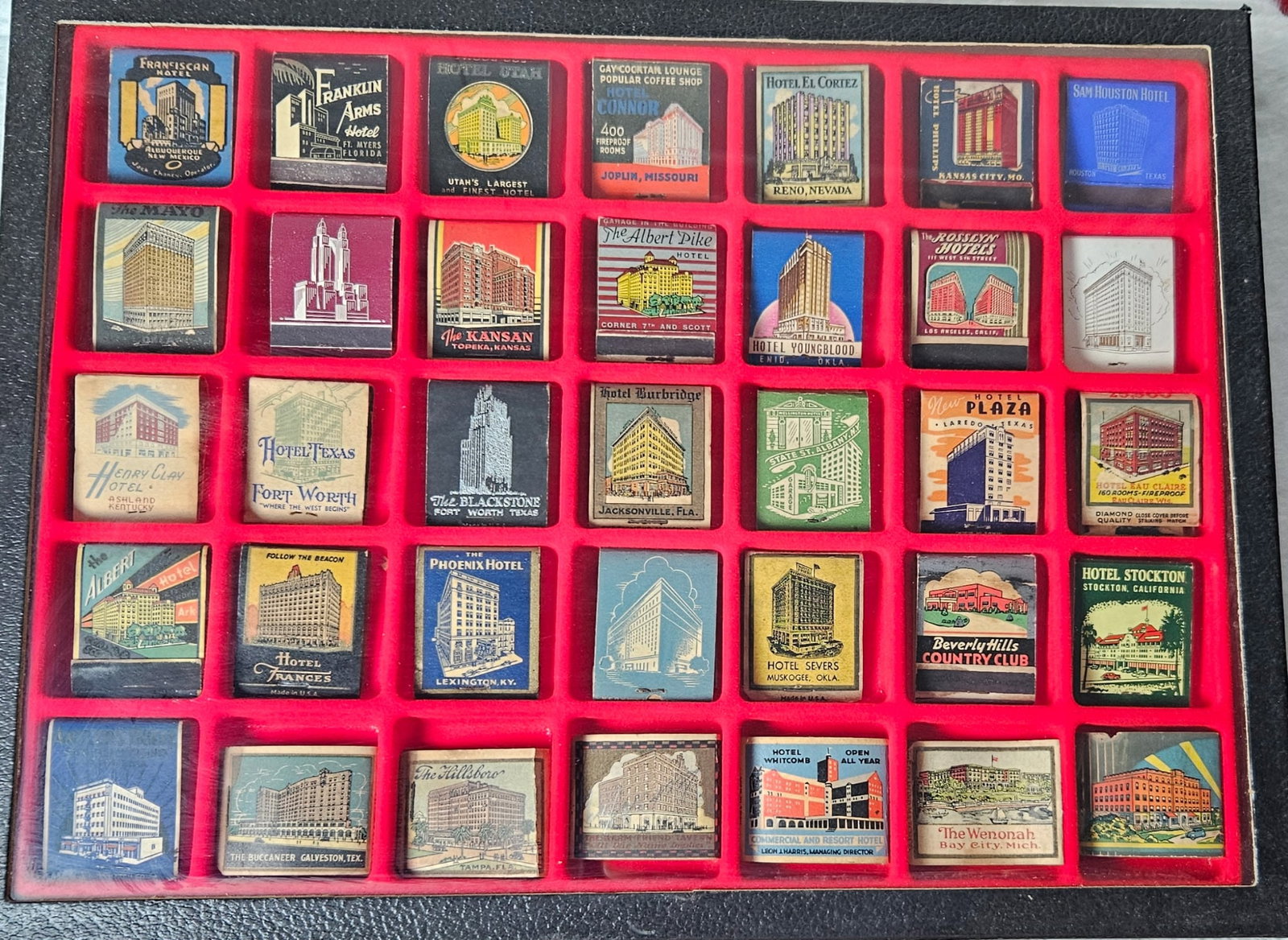 Match Book Collection Lot 1: This lot includes 35 collectible Hotel match books. Some books have all matches intact and others are missing some. All show signs of aging .