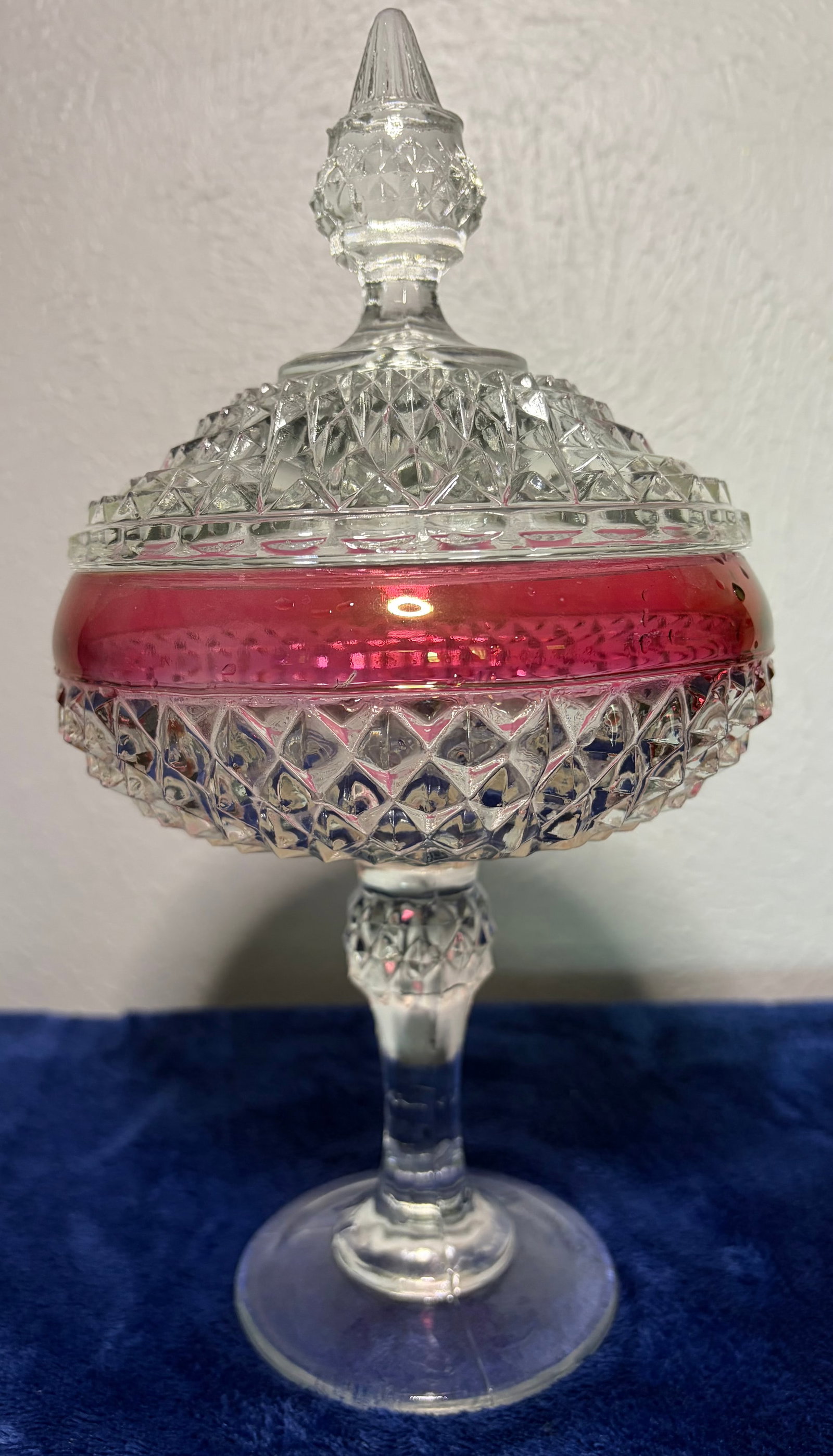 Indiana Glass Diamond Point Ruby Compote & Lid: This dish is a vintage glass pedestal compote and lid with a Diamond Point pressed pattern.
