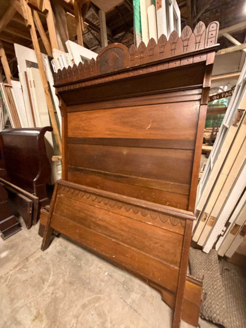 Antique pine highback bedframe (1 of 3)