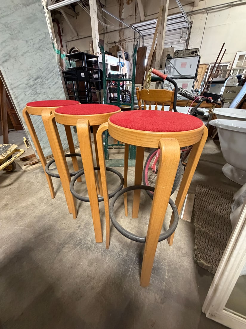 Set of 3 Alvar Aalto style birch stools (1 of 3)