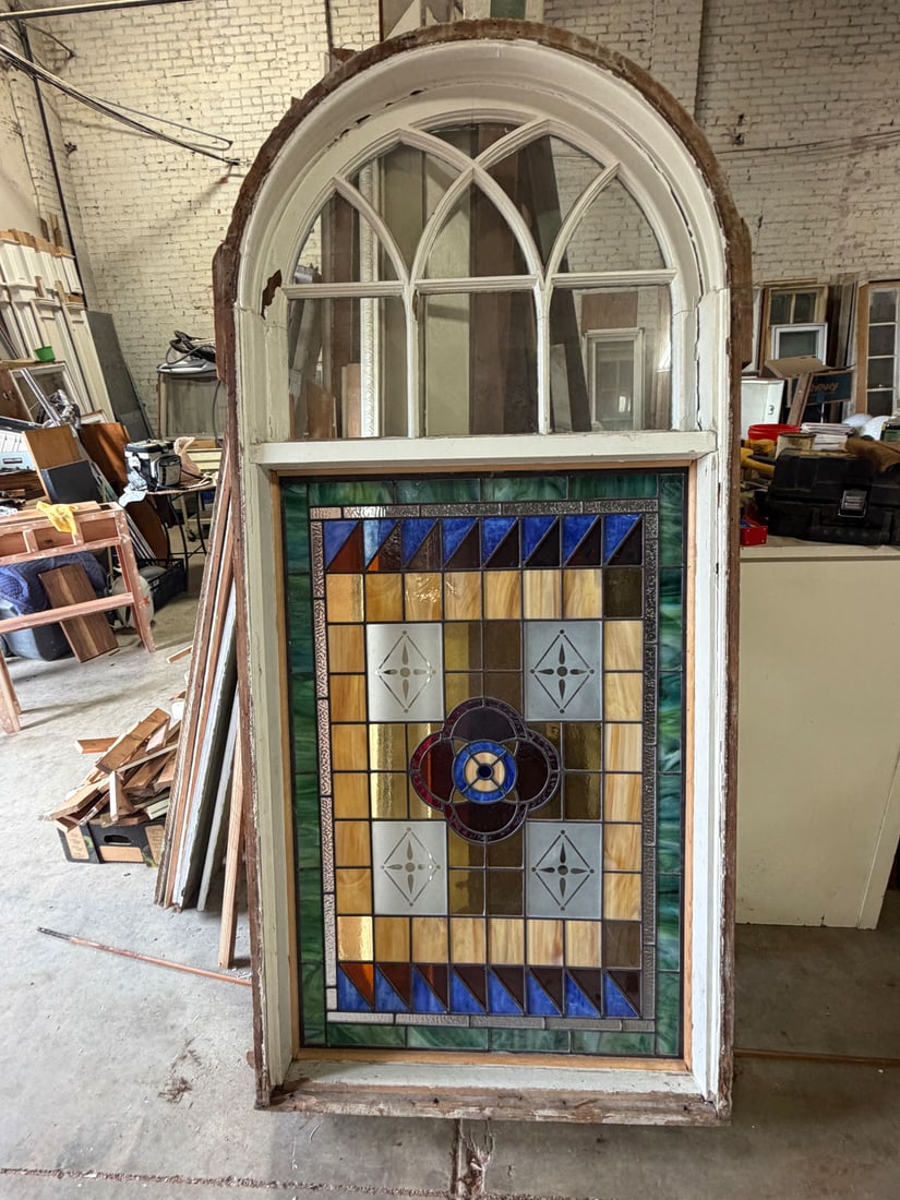 Vintage stained and leaded glass arched top window (1 of 7)
