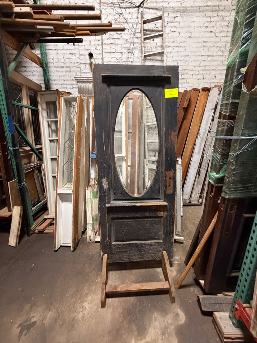 Reclaimed vintage solid oak entry door with oval beveled glass: Reclaimed vintage solid oak entry door with large beveled glass oval window.Measurements: 32"w x 78 1/4"t