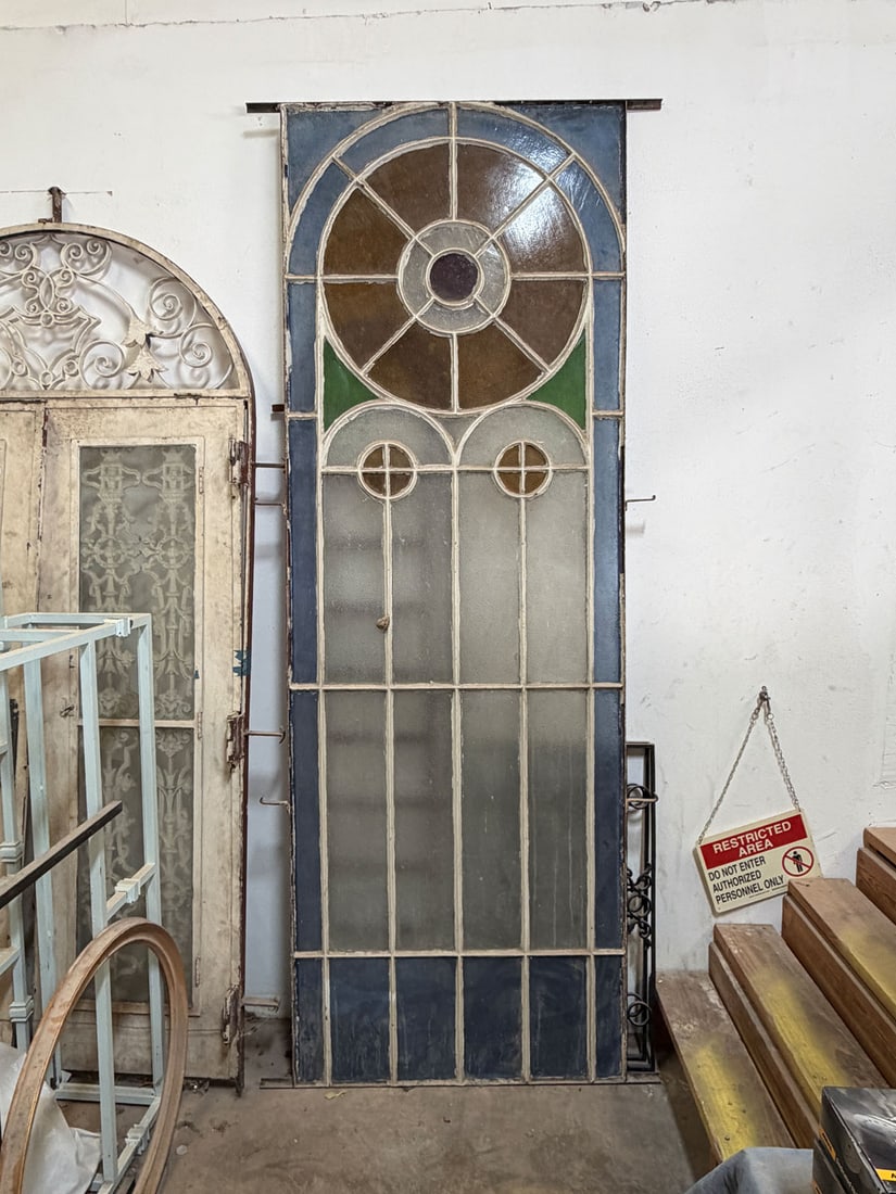 Reclaimed Monomental stained glass window in iron frame (1 of 4)