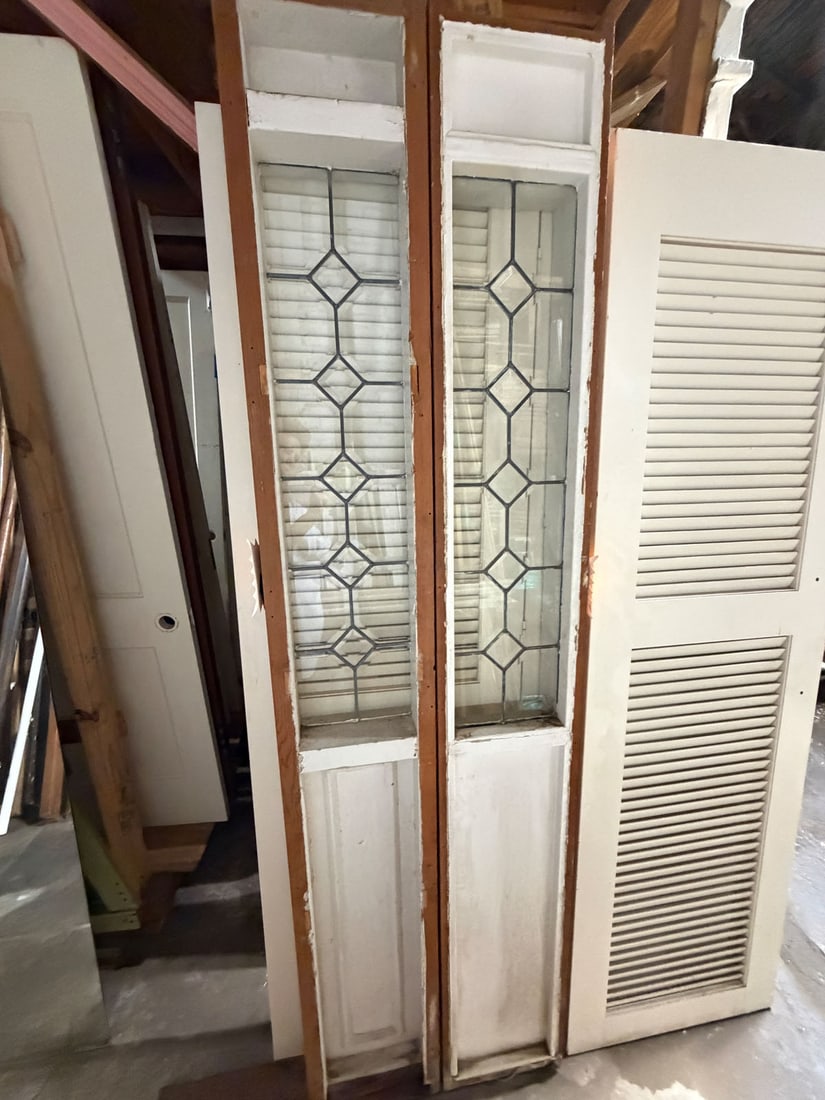 Reclaimed pair of vintage leaded glass sidelights in frame (1 of 3)