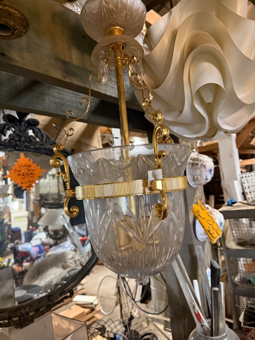 Reclaimed 1990's vintage brass and crystal bell-jar chandelier pendant foyer light: Reclaimed 1990's vintage 3-light brass and crystal bell-jar chandelier pendant foyer light. This light features a bowl-shaped bell jar made of faceted crystal or cut glass, The frame is polished brass