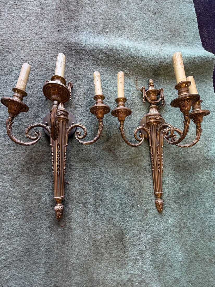Pair Antique French Empire Gilded Bronze Wall Sconces: Pair of Antique French Gilded Bronze Wall Sconces. These gilded bronze sconces are more than lighting-they are a testament to the grandeur and elegance of the French Empire style.
