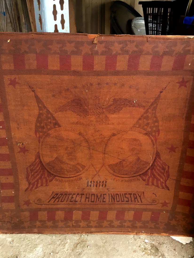 Antique 1888 Election Benjamin Harris Campaign Textile or Mounted Kerchief: This appears to be a late 19th-Century American political campaign textile or mounted kerchief featuring presidential candidate Benjamin Harrison and Vice-president candidate Levi P. Morton believed t