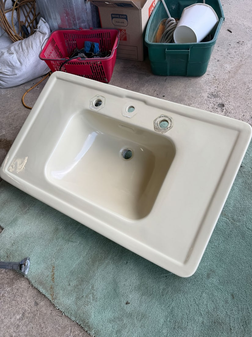 Reclaimed vintage American Standard extra wide wall mounted sink with chrome legs: Reclaimed vintage American Standard extra wide wall mounted sink with chrome legs. Pale yellow color.Measurements: 40" x 24" x 10"