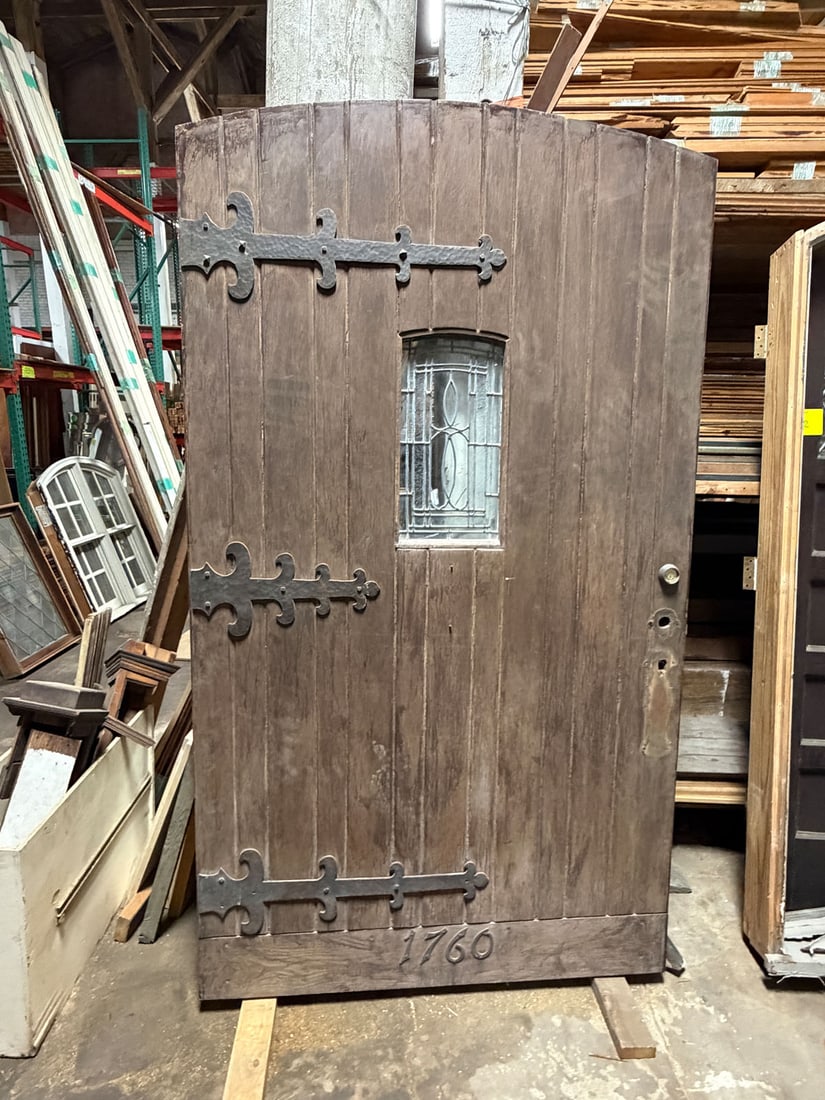 Vintage solid oak c. 1920's entry door with hammered iron detailing (1 of 9)