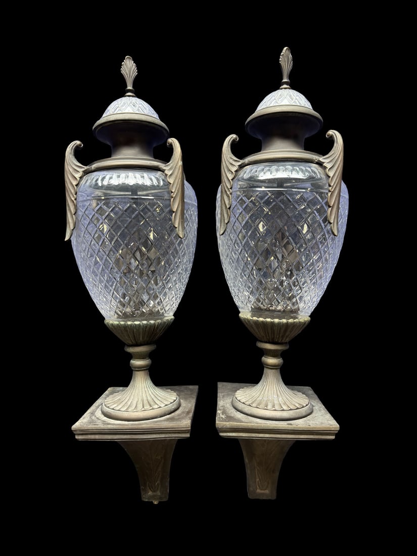 Pair of bronze and crystal neoclassical 3-light wall sconces (1 of 6)