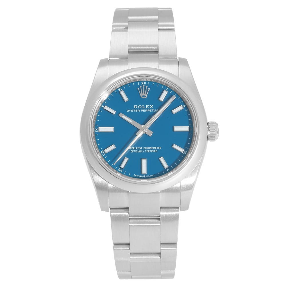 Rolex Oyster Perpetual Blue: RolexModel : Oyster Perpetual BlueReference : 124200Bracelet : OysterDiameter : 34mmMaterial : SteelMovement : Automatic mechanicalCondition : Near MintYear : 2025Included : Watch, original set, box /