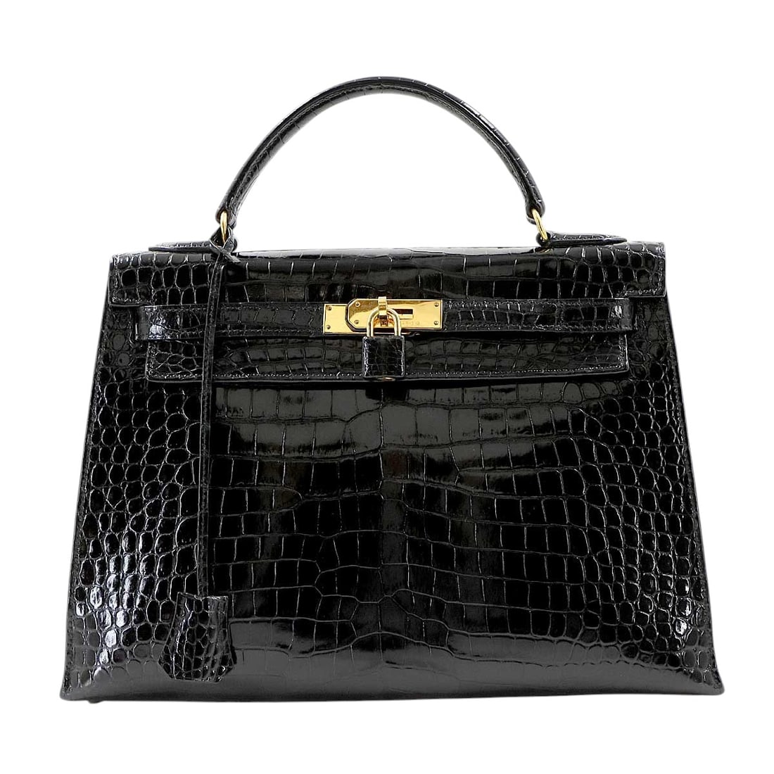 Hermès Kelly 32: Brand : HermèsModel : Kelly 32 SellierMaterial : Crocodile Porosus, quincaillerie doréeColor : BlackDimensions : L32,5 × H22 × P12 cm — Handles: 26 cm — Weight: 975 gCondition : Good condition