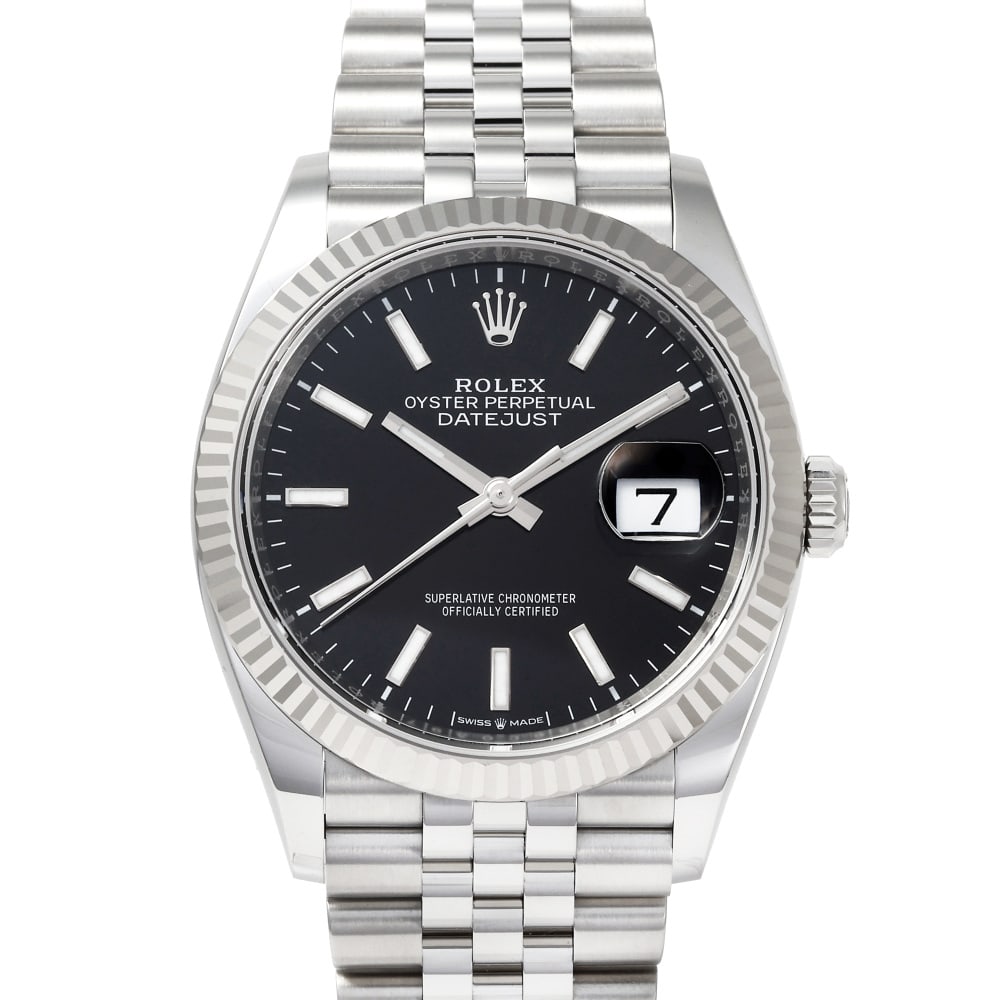 Rolex Datejust Réf. 126234 36mm — 2026: RolexModel : DatejustReference : 126234Diameter : 36mmDial : BlackBracelet : JubileeBezel : Cannelée Or BlancCase : SteelMovement : Automatic self-winding mechanicalCondition : Near NewEra : 2026Incl