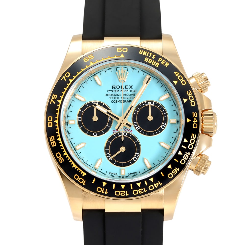 Rolex Daytona Réf. 126518 40mm — 2026: RolexModel : Daytona 'Tiffany'Reference : 126518Diameter : 40mmDial : Bleu 'tiffany'Bracelet : Oyster FlexBezel : Céramique & Or JauneCase : Yellow GoldMovement : Automatic self-winding mechanicalCon