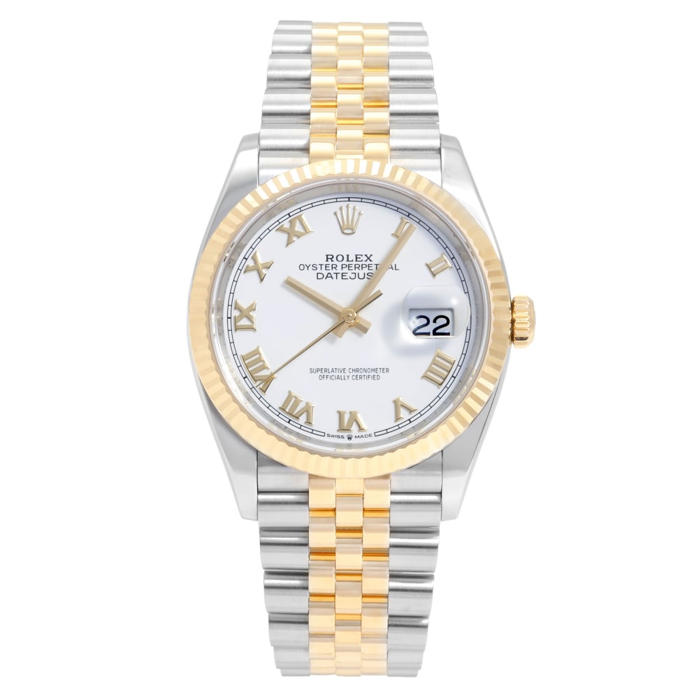 Rolex Datejust Réf. 126233 36mm — 2026: RolexModel : DatejustReference : 126233Diameter : 36mmDial : Blanc / Chiffres RomainsBracelet : Jubilée Yellow Gold & SteelBezel : Cannelée Or JauneCase : SteelMovement : Automatic self-winding mech