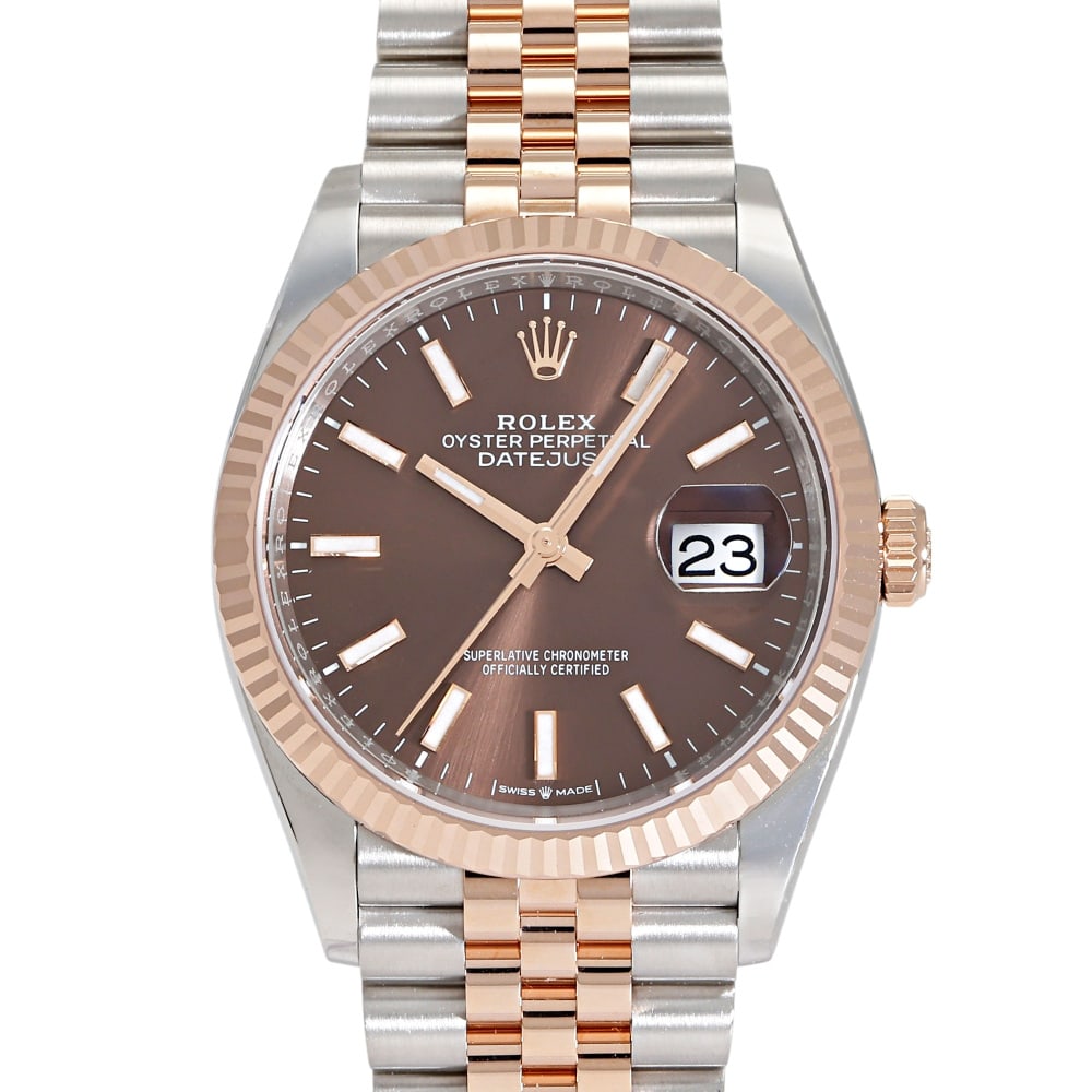 Rolex Datejust Réf. 126231 36mm — 2026: RolexModel : DatejustReference : 126231Diameter : 36mmDial : ChocolatBracelet : Jubilée Rose Gold & SteelBezel : Cannelée Or RoseCase : SteelMovement : Automatic self-winding mechanicalCondition : N