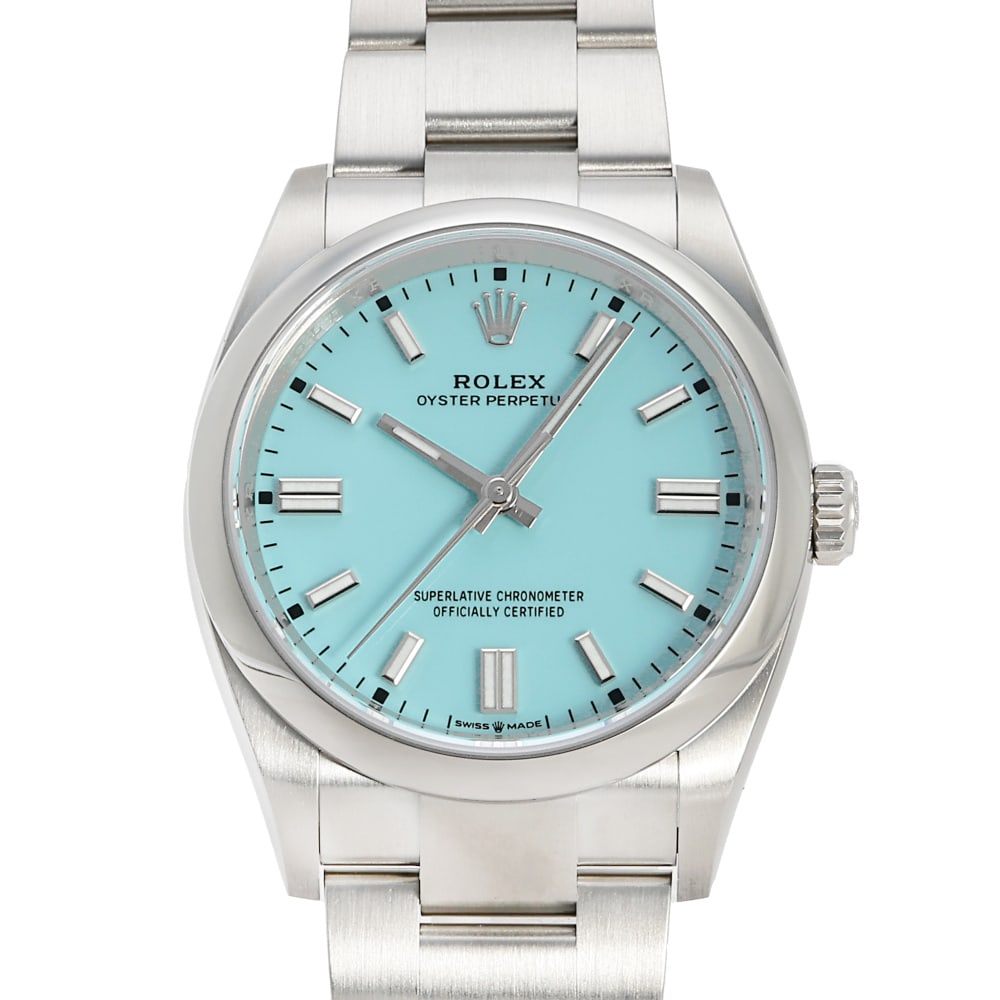 Rolex Oyster Perpetual Réf. 126000 36mm — 2026: RolexModel : Oyster Perpetual 'Tiffany'Reference : 126000Diameter : 36mmDial : TiffanyBracelet : OysterBezel : SmoothCase : SteelMovement : Automatic self-winding mechanicalCondition : Near NewEra : 2
