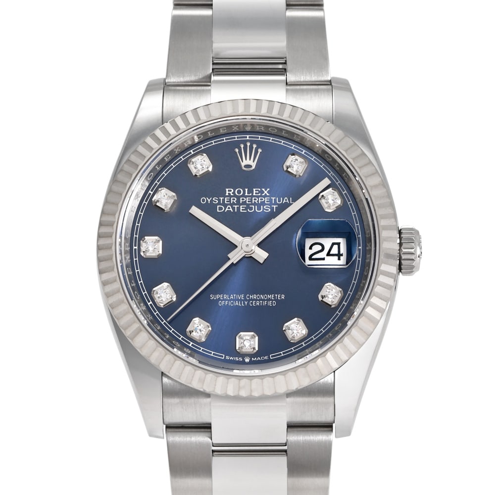Rolex Datejust Réf. 126234 36mm — 2026: RolexModel : DatejustReference : 126234Diameter : 36mmDial : Bleu / DiamantsBracelet : OysterBezel : Cannelée Or BlancCase : SteelMovement : Automatic self-winding mechanicalCondition : Near NewEra :