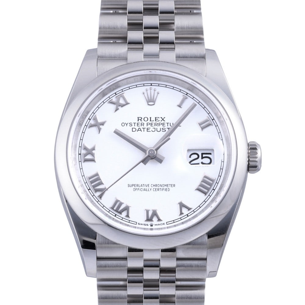 Rolex Datejust Réf. 126200 36mm — 2026: RolexModel : DatejustReference : 126200Diameter : 36mmDial : Blanc / Chiffres RomainsBracelet : Jubilée AcierBezel : Lisse AcierCase : SteelMovement : Automatic self-winding mechanicalCondition : Nea