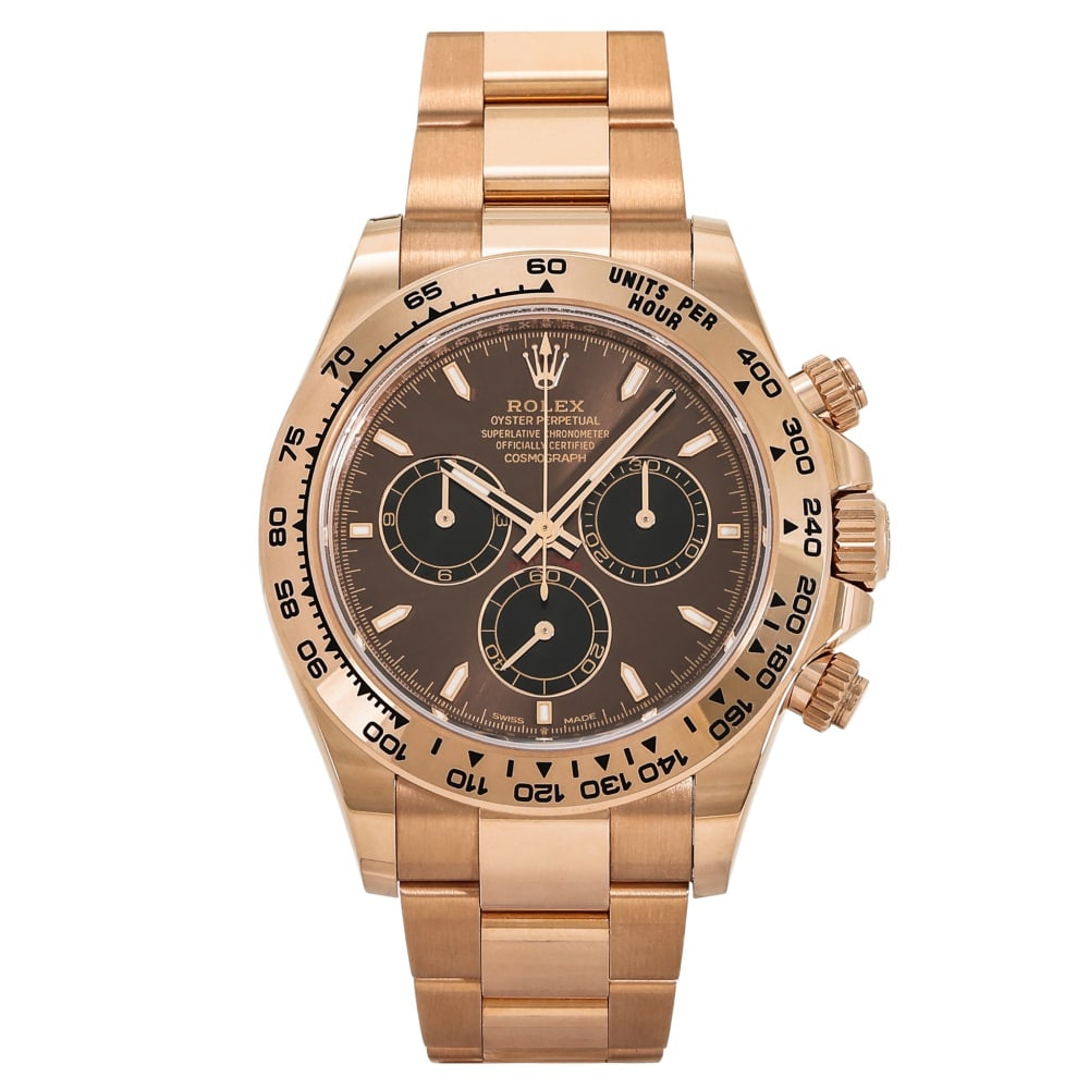 Rolex Daytona Réf. 126505LN 40mm — 2026: RolexModel : DaytonaReference : 126505LNDiameter : 40mmDial : ChocolatBracelet : Oyster Or RoseBezel : Lisse Or RoseCase : Rose GoldMovement : Automatic self-winding mechanicalCondition : Near NewEra