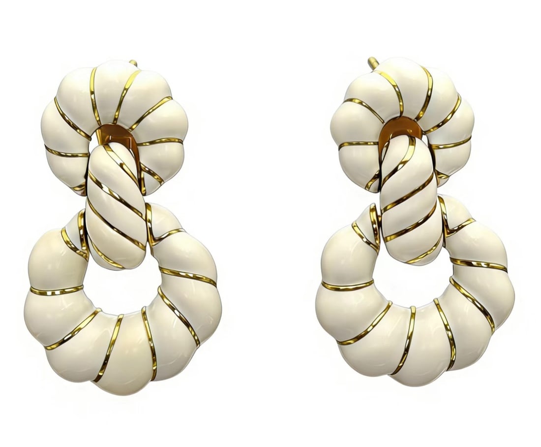 David Webb 18K Gold White Enamel Clip Earrings: Type: EarringsMetal: Platinum & 18K Yellow GoldWeight: 60.2gramsMeasurements: 45mmCondition: Pre-OwnedSigned By: WEBB