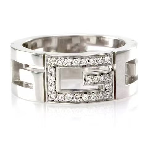 Gucci Pave Diamond 'G' Logo Cut-Out Ring: Type: RingMetal: 18K White GoldWeight:8.5 gramsDiamond:N/ASize:5?((US)Condition: Pre-OwnedSigned By: Gucci