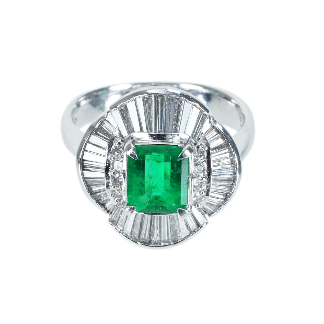 Pt900 Emerald Ring: Type: Ring Metal: PlatinumWeight:9.2gramsEmerald:1.08ctDiamond:1.12ctSize:7 (US)Condition: Pre-OwnedSigned By: N/A